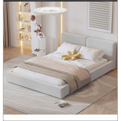 Grand lit plateforme tapissier grand format avec tissu en velours, structure solide et finition beige élégante pour les chambres modernes