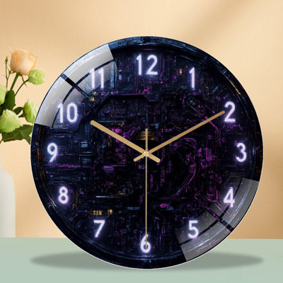 Clock With Glowing Numerals And Circuitry Art - 12'' Modern Glass Wall Clock