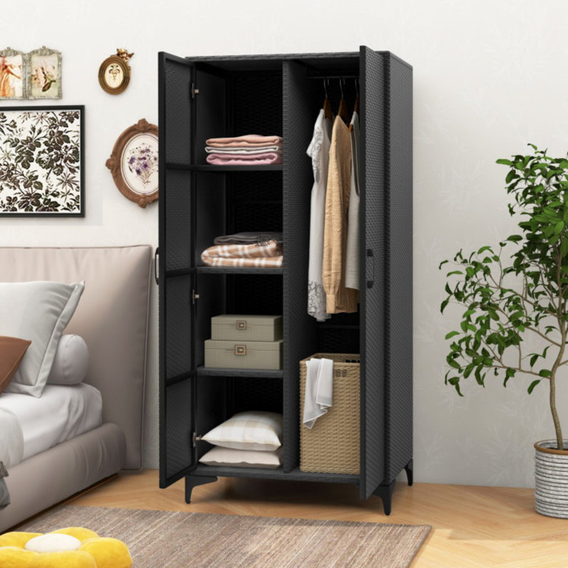 62 Inch Wicker Wardrobe with 2 Doors PE Rattan Closet with Hanging Rod, Black