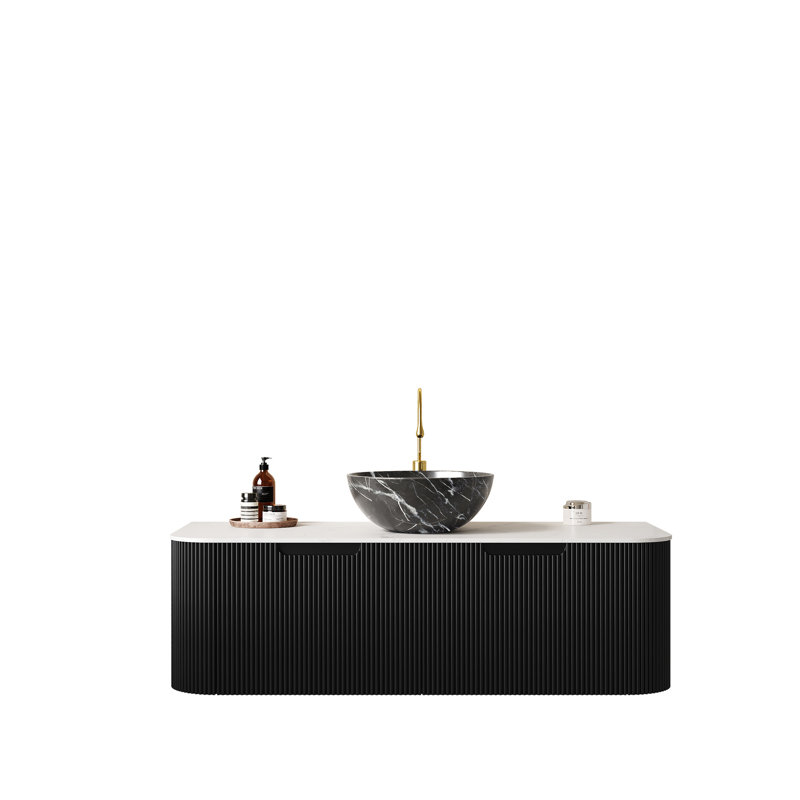 Meuble-lavabo de 48 po avec lavabo, armoire flottante, lavabo en céramique noire, comptoir à motif de pierre, système de tiroir à fermeture en douceur, texture de bol mural de 48 po, pré-assemblé, grand espace de rangement