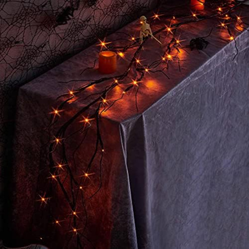Lighted Halloween Garland With 48L Orange And Purple Bi-Color LED Lights 8 Functions, Black Glittered Garland Lights Battery Operated 6FT For Indoor Outdoor Halloween Party Decoration