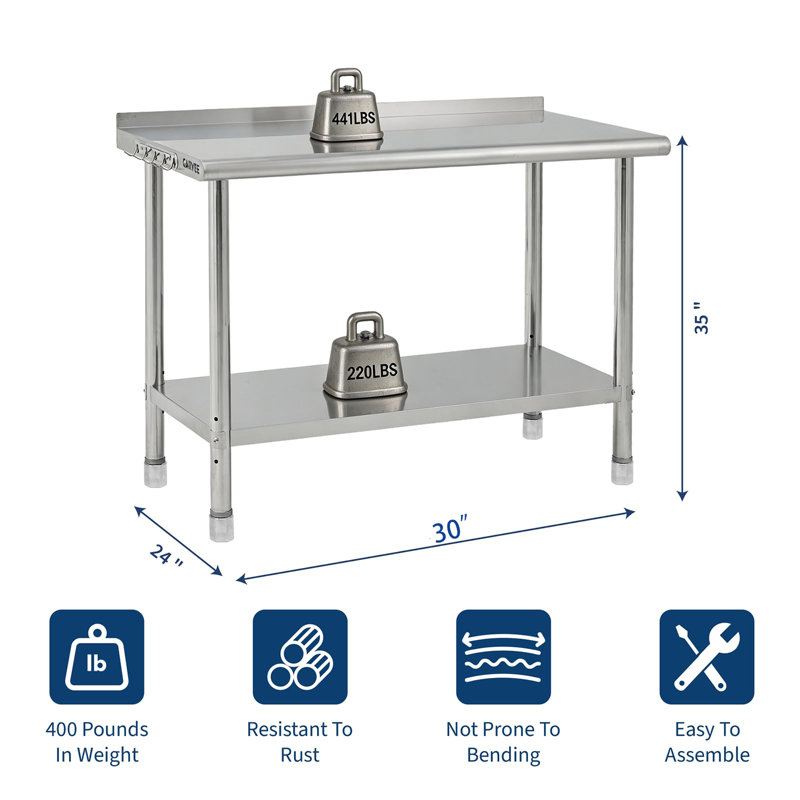 Table de préparation commerciale robuste en acier inoxydable 30 x 24 x 35 po avec dosseret, table de travail avec pieds réglables pour le service de restauration, poste de travail de cuisine Arc Edge avec tablette réglable
