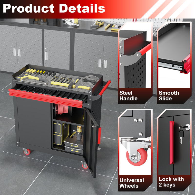 Armoire de rangement WFX Utility ™ avec roulettes, armoires de rangement en métal avec tablettes réglables, armoires de rangement verrouillables en acier avec panneau perforé et poignée pour garage, entrepôt