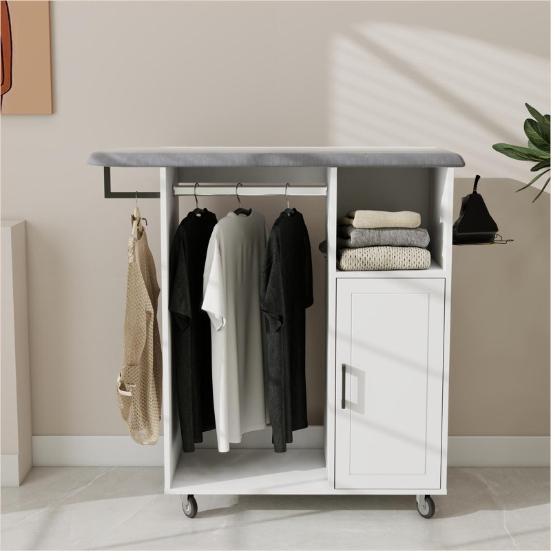 Chariot à repasser avec planche à repasser, tablettes de rangement et amp; Tringles à vêtements - Bois aggloméré blanc neige E1 | Minimaliste | Salle de lavage
