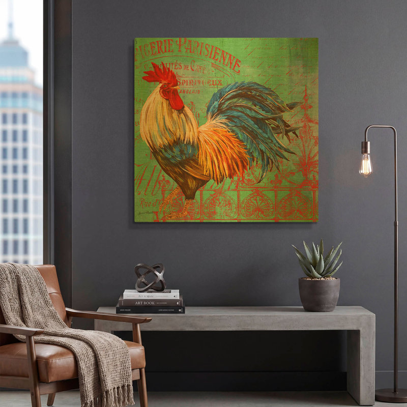 'Le Rooster B' By Jean Plout Gold Metal Wall Art, 12" x 12", 36"x36"