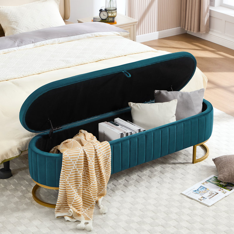 Velvet Upholstered Storage Bench with Horseshoe-Shaped Metal Legs for Living Room: Stylish and Functional Bed-End Solution
