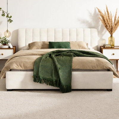 Très grande base de lit tapissier avec tissu en lin, tête de lit courbée épaisse et pieds en bois massif, cadre de lit plateforme beige, aucun sommier requis, assemblage facile, supporte 600 lb