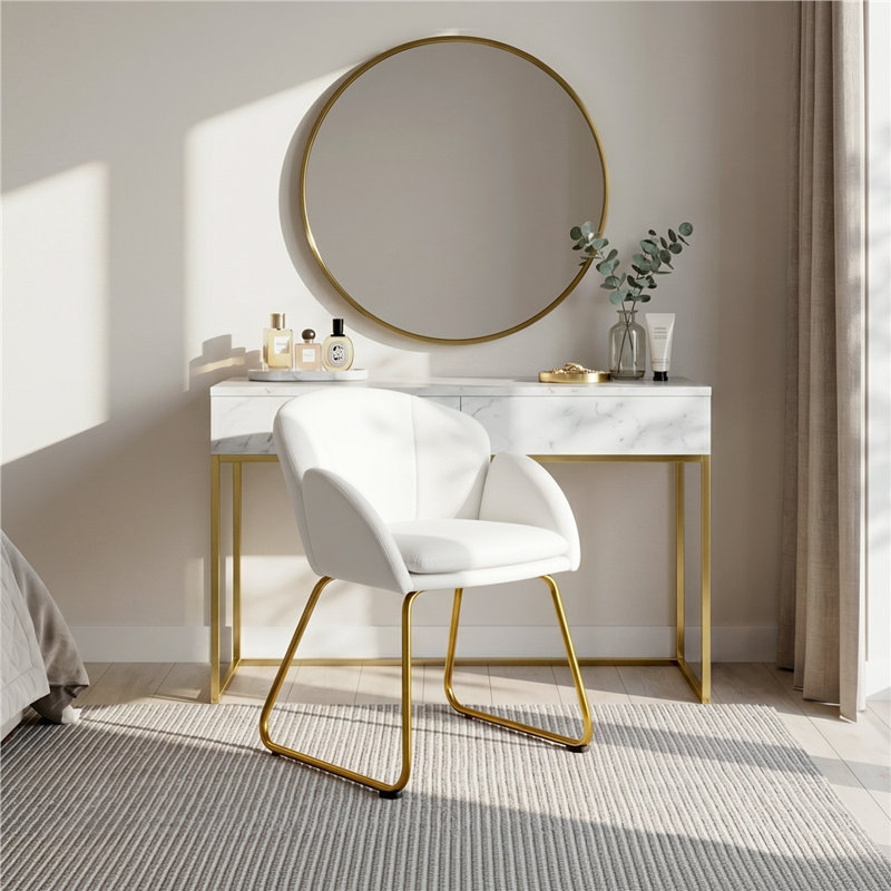 Flower Shape Tub Chair with Golden Metal Legs , Simple White