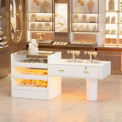 Front Desk Reception Counter With Led Lighting, 3-tier Glass Display & Lockable Drawer - Modern Checkout Console For Beauty Salon, Retail Store, Corporate Lobby & Office