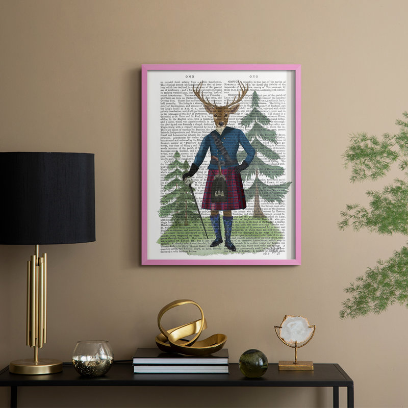 Scottish Deer Laird Tam OShunter, complet, reproduction d'art encadrée - bois massif, Rose, H 15 po x l 12 po