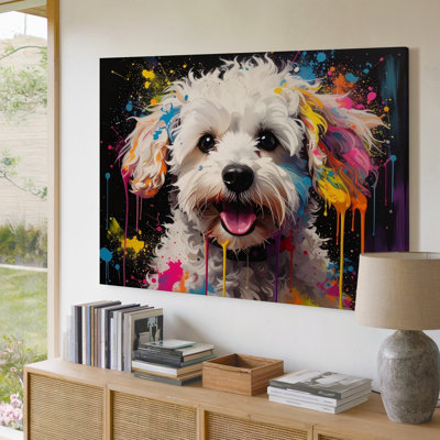 A Playful Vibrant Painting Of A Small White Canvas Fluffy Dog Covered In Splashes Of Neon Paint Wall Art Premium Quality Ready To Hang