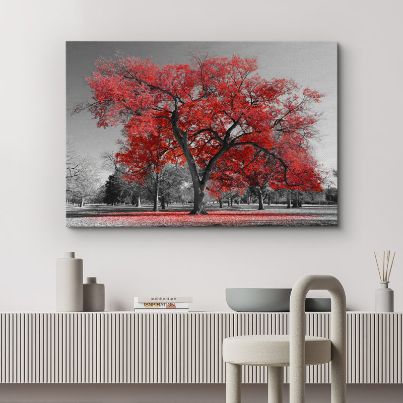 Arbre rouge sur fond de parc noir et blanc, Toile tendue, H 12 po x l 18 po