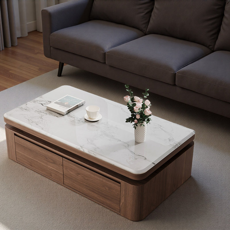 Table basse moderne en pierre micro-cristalline, H 19,7 po x l 51,1 po x P 31,5 po, Marron foncé, Blanc