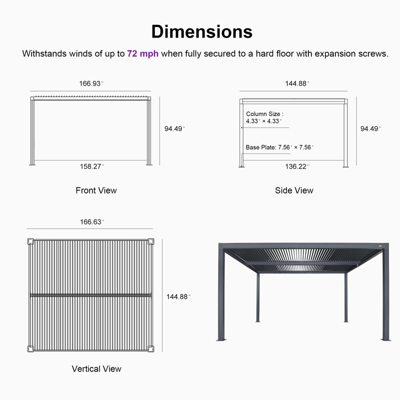Pergola en aluminium mauve à persiennes mauve à motif de persiennes 94a avec toit à rideau ajustable pour terrasse et abri de jardin à toit rigide gris, 1 côté long