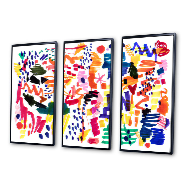 «Modern Modern Multicolor Futuristic Pop Art», reproduction sur toile flottante 3 pièces, H 28 po x l 36 po, Cadre noir