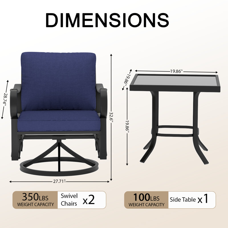 Ensemble de chaises de patio 3 pièces pivotantes avec table d'appoint, ensemble de conversation en métal pour 2 personnes
