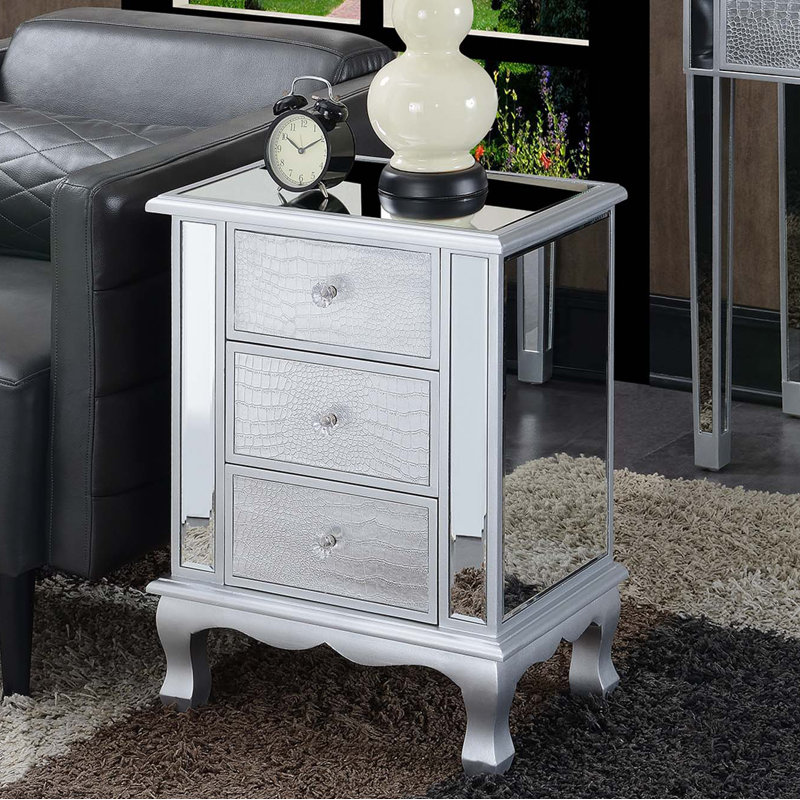 Table de bout à 3 tiroirs Denizhan, Faux crocodile argent / argent
