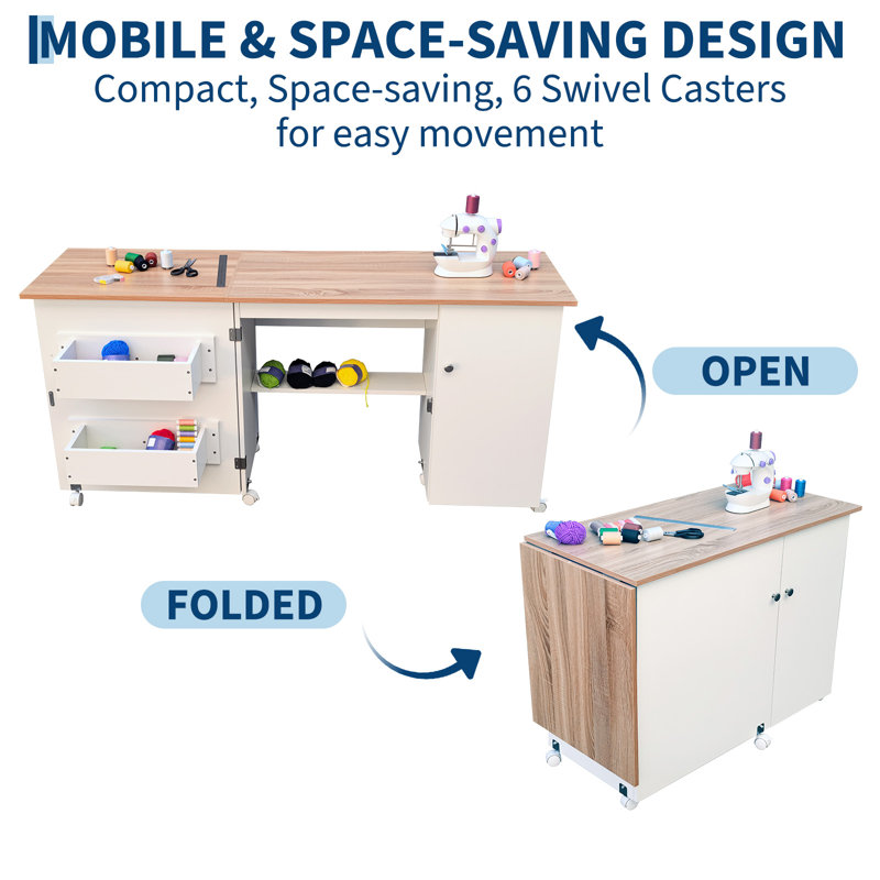 Table de couture pliante pour le bureau - Bureau de machine à coudre compacte polyvalente avec plateaux de rangement, roues verrouillables, chevilles, verrous magnétiques - Station de travail portative - Jaune