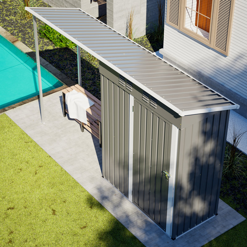 Combinaison de remise et de pergola en acier galvanisé avec auvent ouvert et rangement adossé pour l'organisation de la cour
