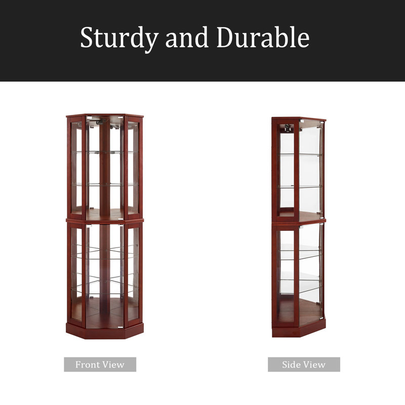 6 Shelf Corner Curio Display Cabinet With Lights, Mirrors And Adjustable Shelves(E26 Light Bulb Not Included), Cherry
