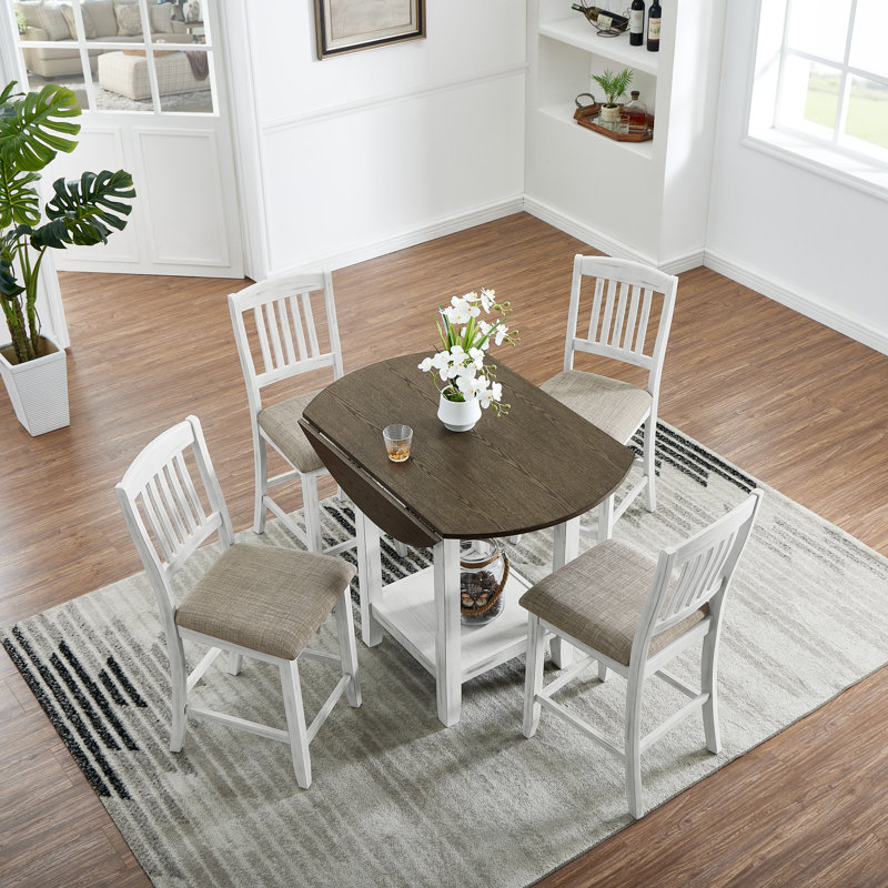 Foldable leaf dining table with 4 chairs, 36" H x 42" L x 28" W