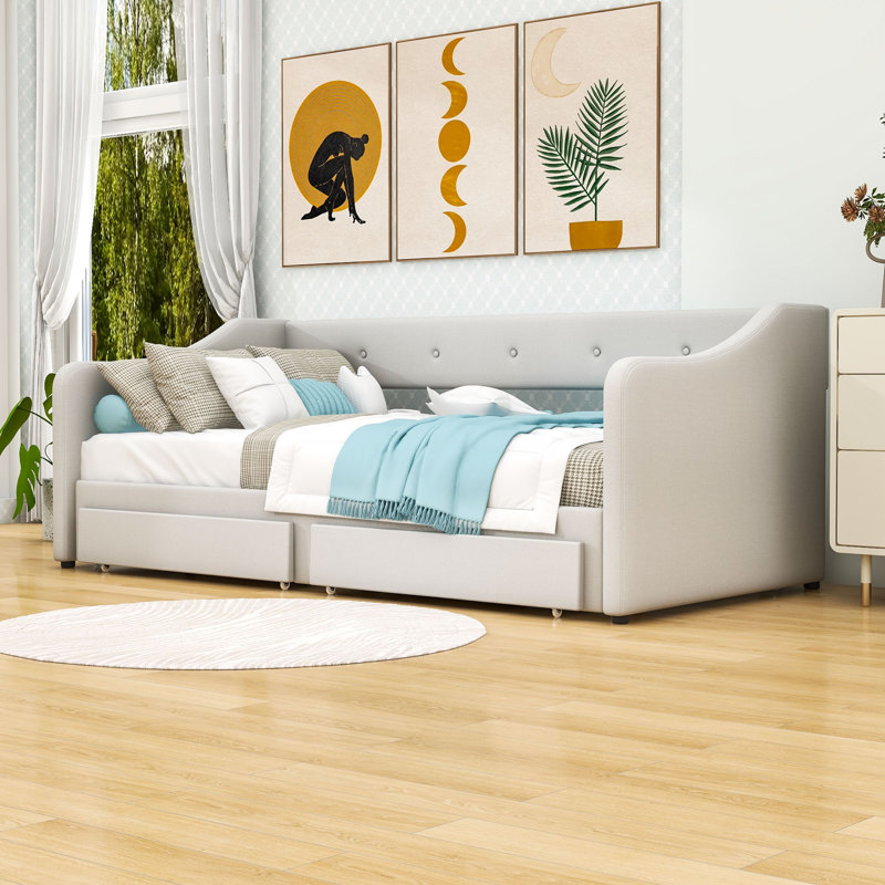 Convertible Twin XL to King Size Upholstered Daybed with Storage Drawers, Beige