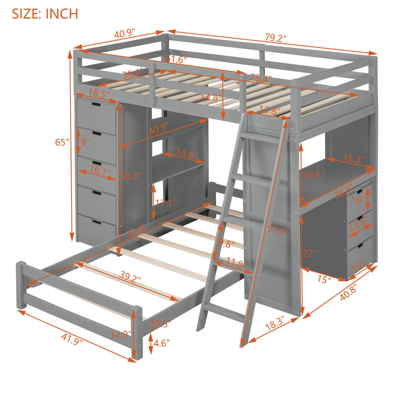 Jarmen Kids Twin Over Twin Bunk Bed with Drawers, Gray