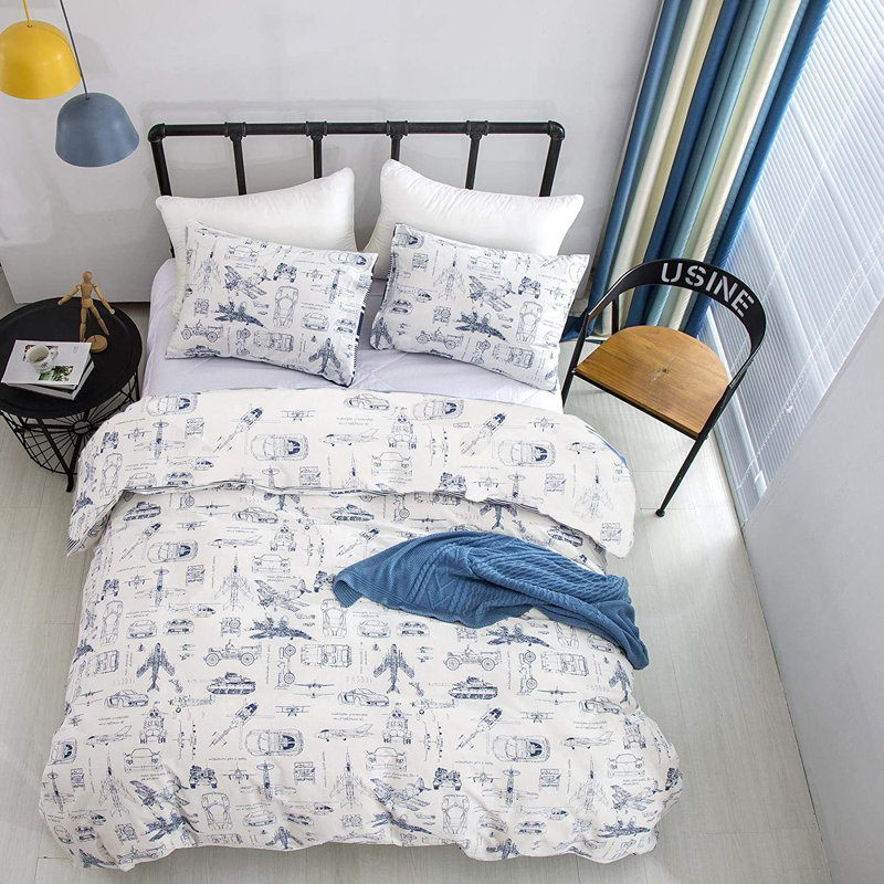 Floral Comforter Set Botanical Flower Bedding Set, King Comforter + 2 King Pillowcases, White Aircraft
