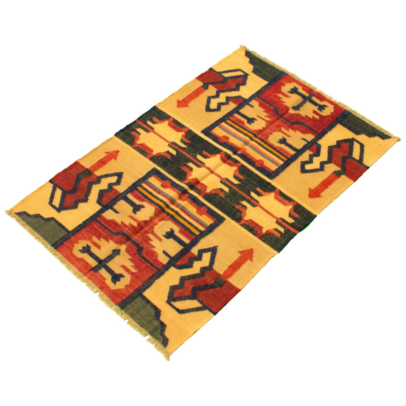 Tapis rouge foncé / ivoire fait à la main en laine Kilim