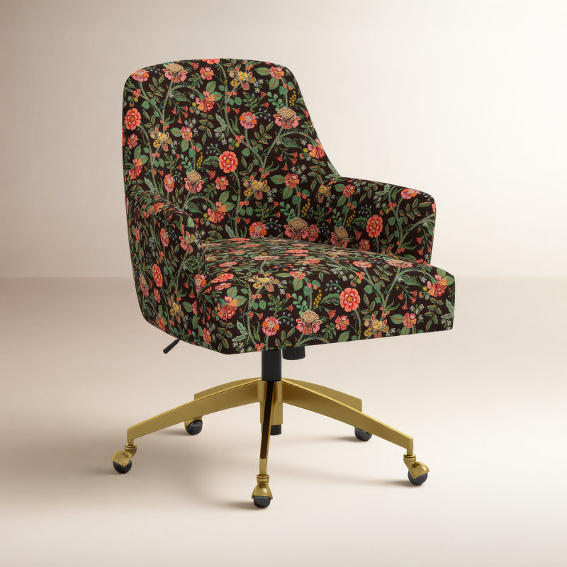 Yvette Office Chair With Base, Rpc Peacock Blue & White Linen, Brushed Gold