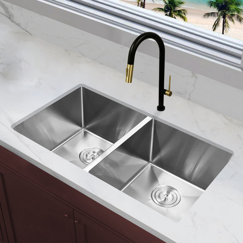 Évier de cuisine en acier inoxydable à double cuve étroite seulement KBFmore, H 9 po x l 31 po x P 9 po, Calibre 16