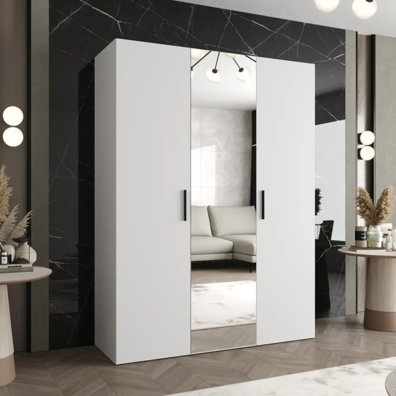 Suphi II Hinged Door Wardrobe 150cm - Bright, Mirrored Storage for Effortless Modern Living, White
