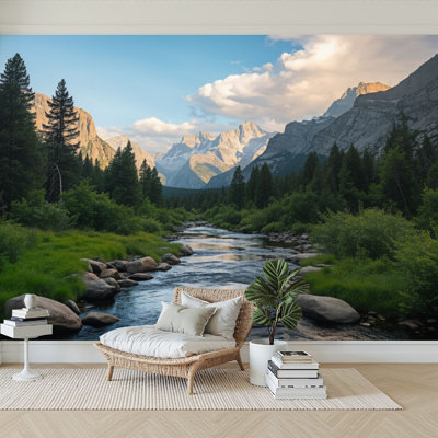 Peel and Stick Wallpaper 144" W x 100" H Modern Self Adhesive Wall Mural for Bedroom Mountain Stream Flowing Green Valley Majestic Peaks