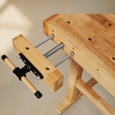 Solid Rubber Wood Workbench with Dual Integrated Vises & Bench Dog Holes for Woodworking Workshop