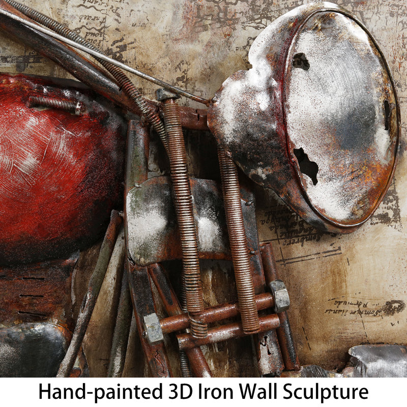 Primo Hand Painted Iron and Wood Motorcycle Wall Sculpture