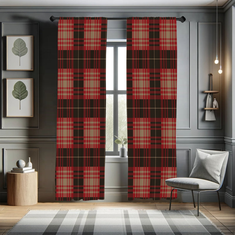  Checkered Curtains, Plaid Tartan English Tile, Ruby, 56" W x 63" L