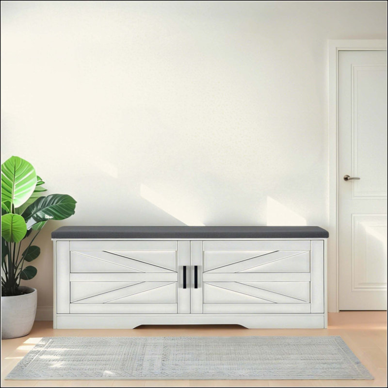 2-Tier Farmhouse Storage Bench, Entryway Shoe Bench with Padded Cushion, 2 Barn Doors & 2 Adjustable Shelves for Hallway