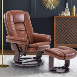 32" Contemporary Leather Recliner and Ottoman with Swiveling Mahogany Wood Base