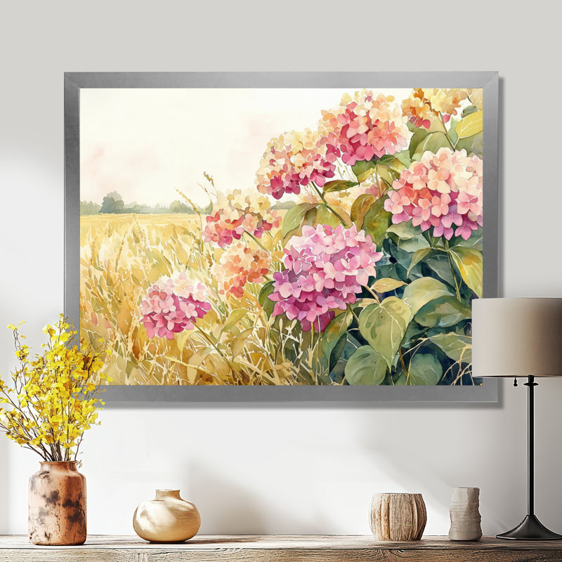 Paysage d'hortensias dans le champ de maïs - hydrangées, art mural, Argent argent, H 12 po x l 20 po, Floater Framed