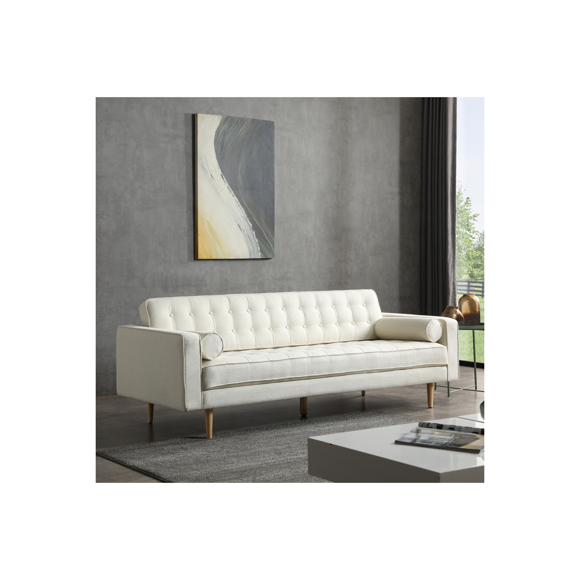 Geo 85'' Upholstered Sofa, White Boucle