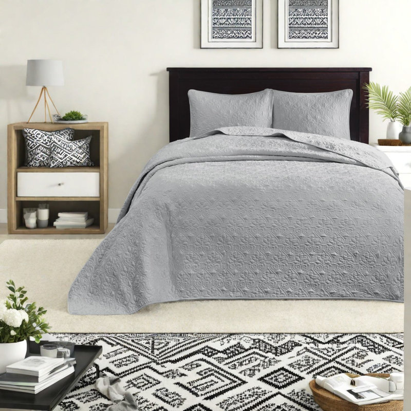 Ensemble de literie confortable en coton gris, courtepointe réversible pour un usage domestique