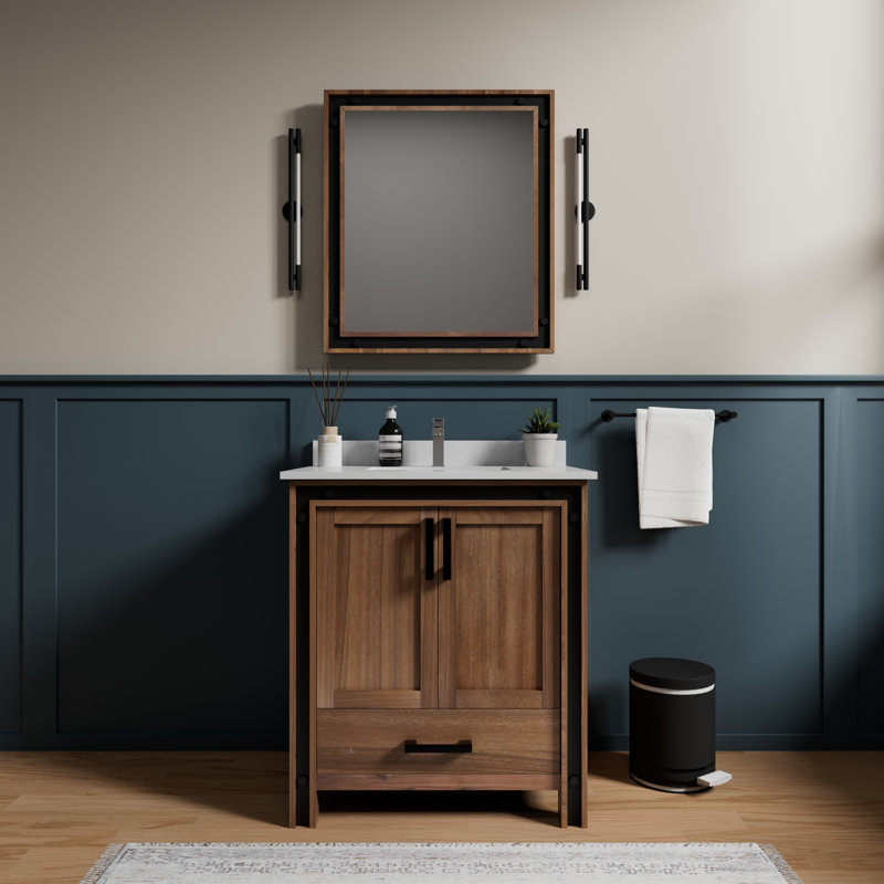 Ziva 30 in W x 22 in D Single Bath Vanity, White Top, 28 in Mirror and Chrome Faucet Set, Rustic Barnwood