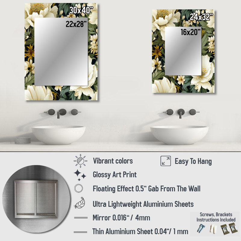Aidean blanc vert élégant motif botanique - grand miroir floral, miroir mural décoratif de campagne, impression d'art