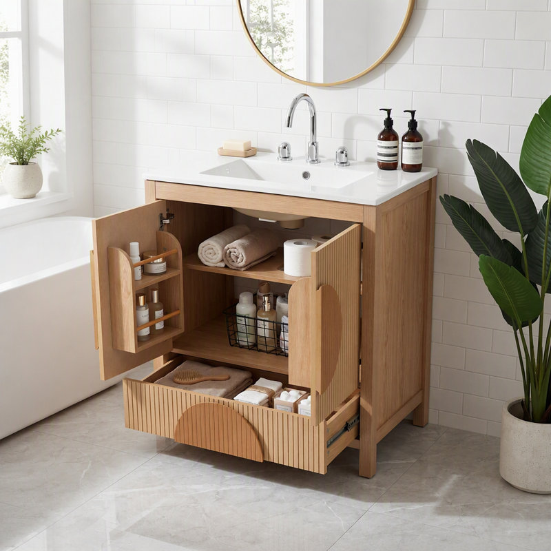 Meuble-lavabo de salle de bain cannelé 30 po avec lavabo - armoire moderne en bois autoportante avec portes à fermeture en douceur, 1 tiroir et rangement ouvert, décoration circulaire décorative, bois massif et panneau de fibres à densité moyenne