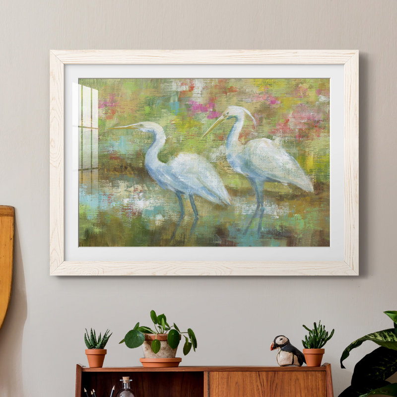 «Egret Tapisserie», reproduction d'art graphique sur papier encadré, H 31 po x l 44 po x P 1 po, Cadre blanc