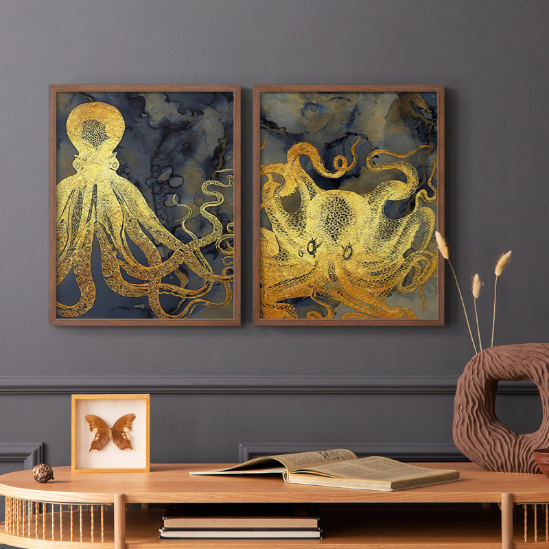 Encre pieuvre dorée et bleue, impression encadrée I-Premium - prête à être accrochée - aucun clou requis - aucun clou requis