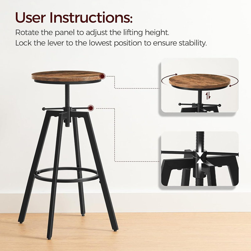 Bar Stools, Round Bar Chairs With Sturdy Metal Frame, Set Of 2 Industrial Bar Stools, Height Adjustable, Kitchen Breakfast Bar Stools, For Bar, Dining Room, Rustic Brown And Black Bahr0701