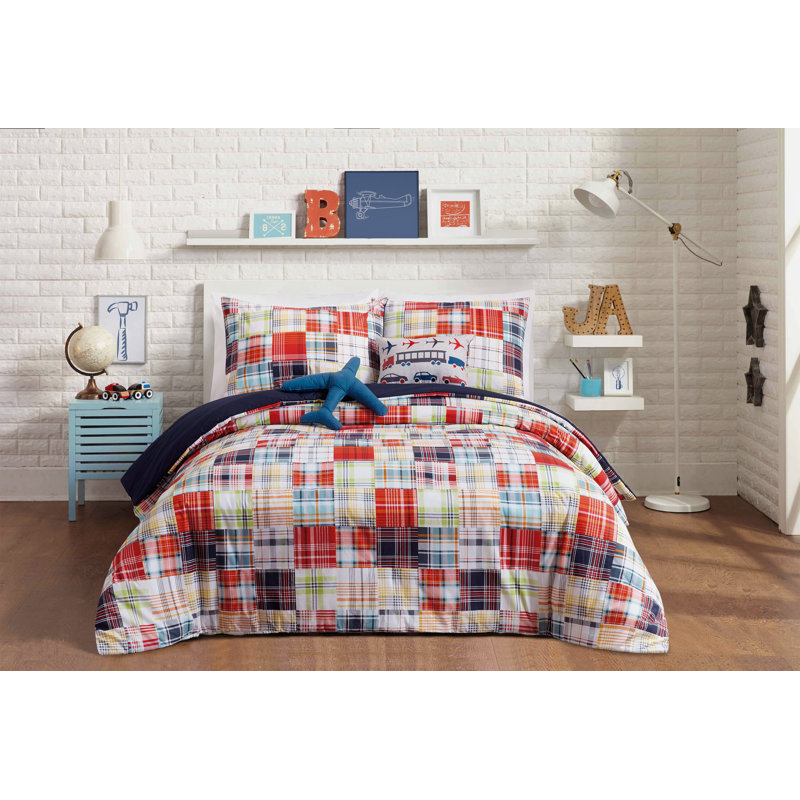 Full Blue Cotton Plaid Kids Comforter Set