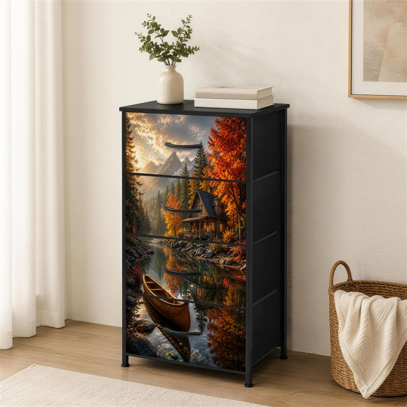 Commode à 4 tiroirs pour chambre à coucher Cabine rustique d'automne par Serene Lake Autumn Forest Mountain Backdrop Petite commode à vêtements haute pour organisateurs de placard avec commode