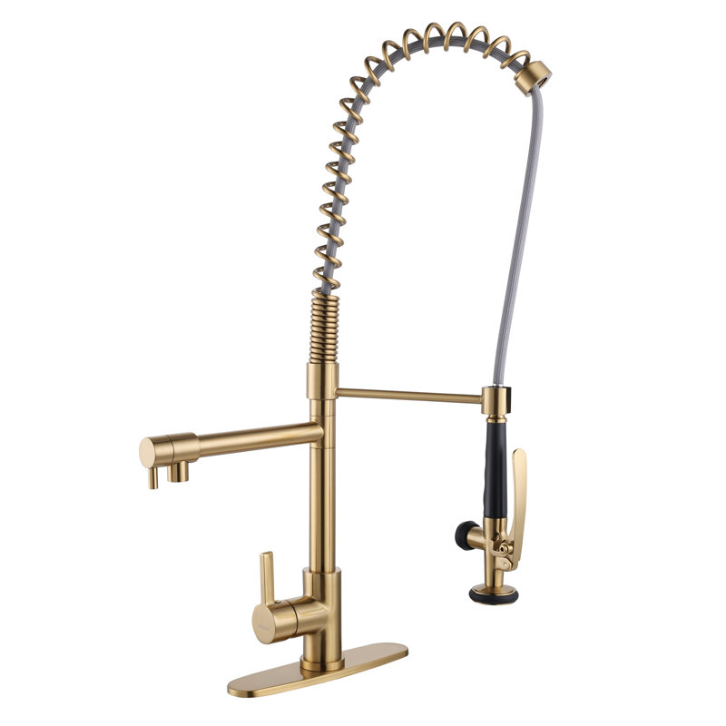 Deck Mounted 2-Handle Pull Down Sprayer Commercial Kitchen Faucet, Gold